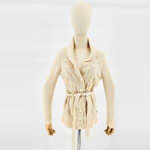 IZOD Cream Cable Knit Cotton Belted Button Cardigan Sweater